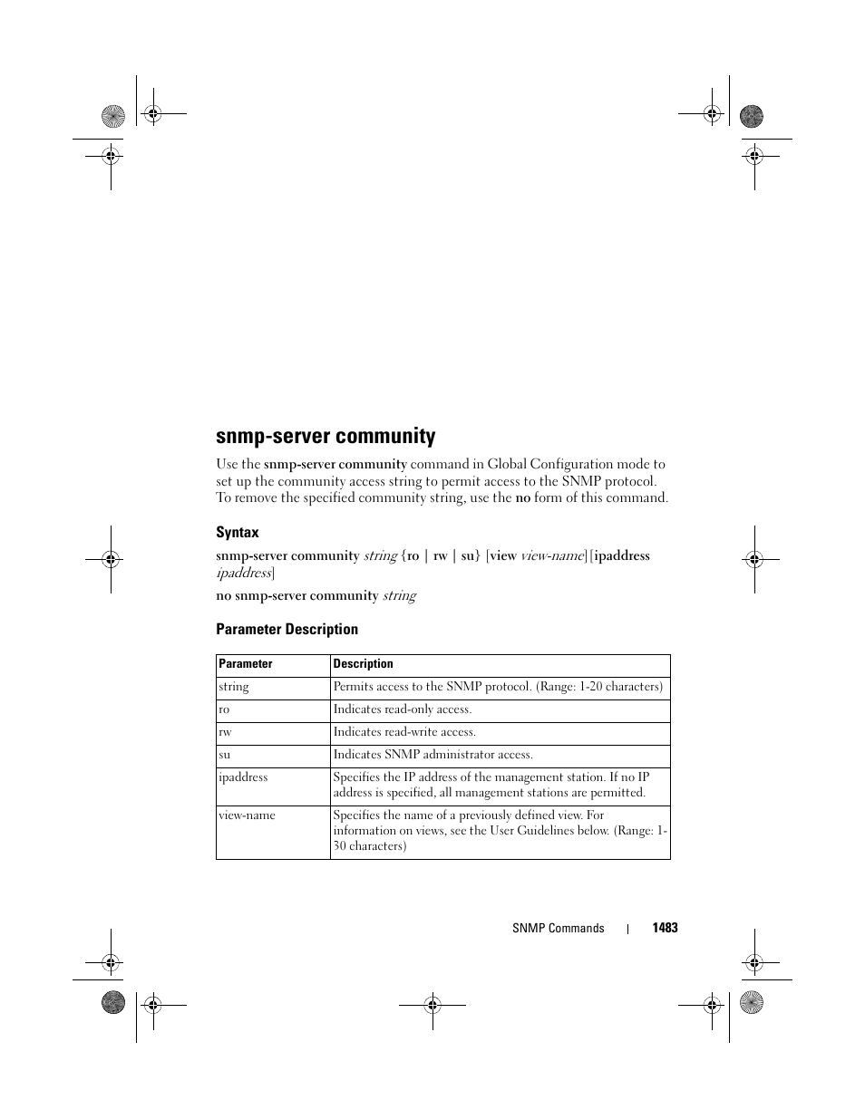 Snmp-server community, Syntax, Parameter description | Dell POWEREDGE M1000E User Manual | Page 1487 / 1682