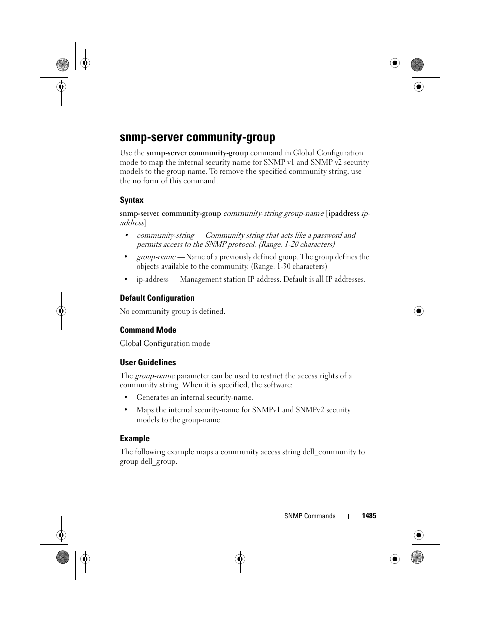 Snmp-server community-group, Syntax, Default configuration | Command mode, User guidelines, Example, Snmp-server community, Group | Dell POWEREDGE M1000E User Manual | Page 1489 / 1682