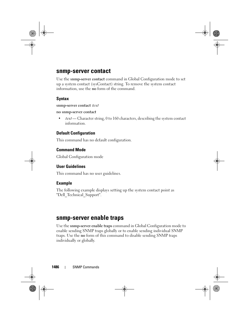 Snmp-server contact, Syntax, Default configuration | Command mode, User guidelines, Example, Snmp-server enable traps | Dell POWEREDGE M1000E User Manual | Page 1490 / 1682