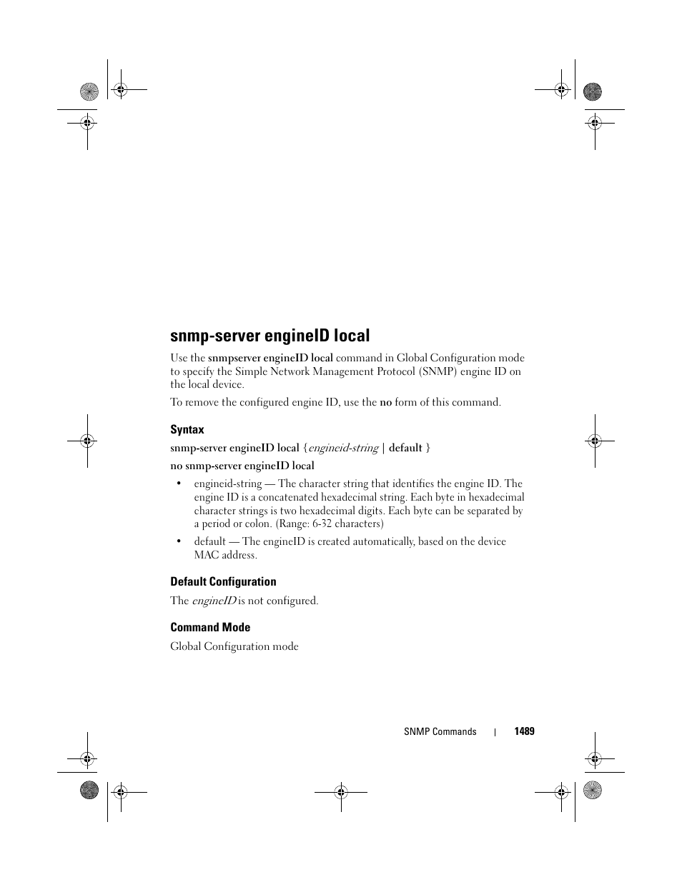 Snmp-server engineid local, Syntax, Default configuration | Command mode | Dell POWEREDGE M1000E User Manual | Page 1493 / 1682