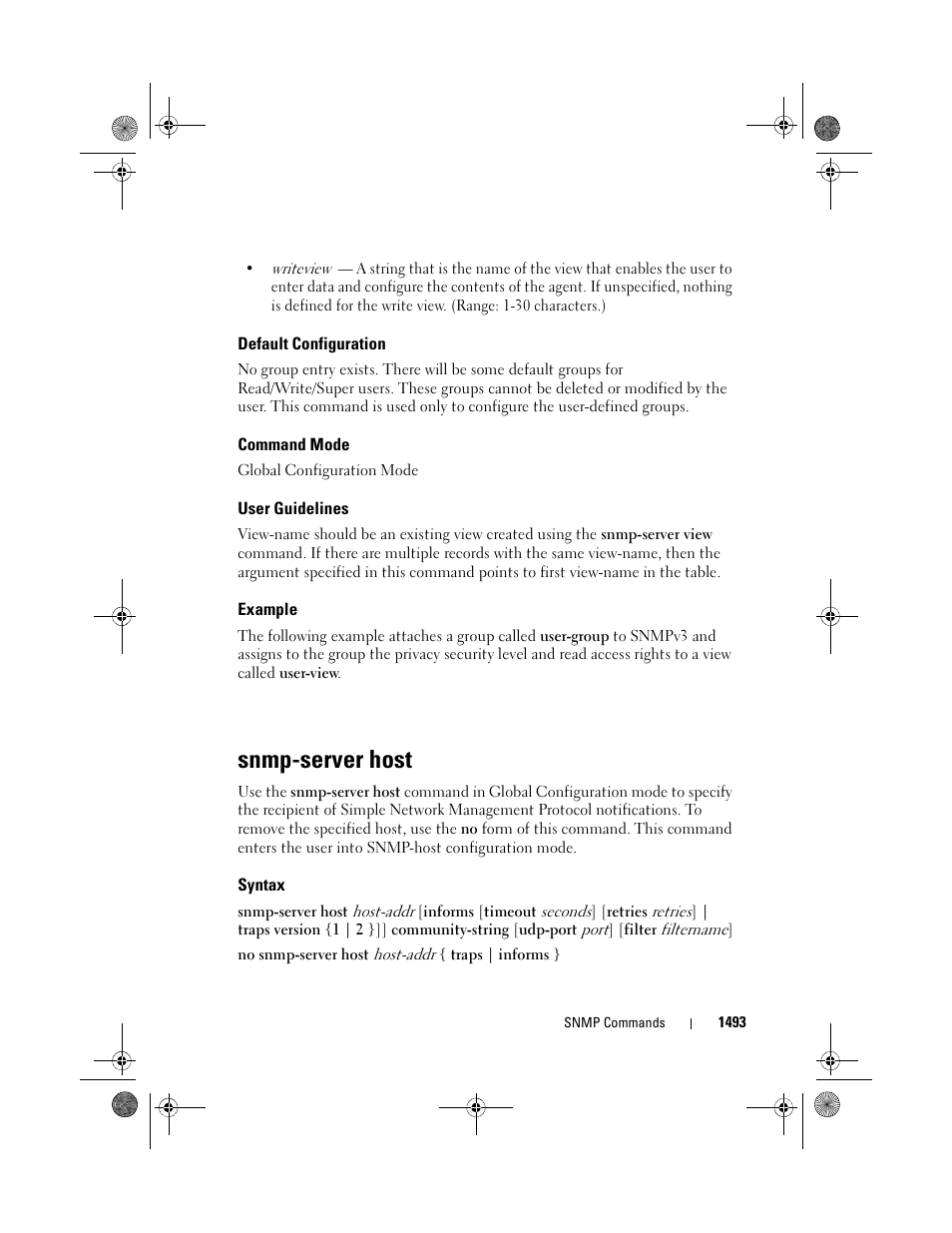 Default configuration, Command mode, User guidelines | Example, Snmp-server host, Syntax | Dell POWEREDGE M1000E User Manual | Page 1497 / 1682