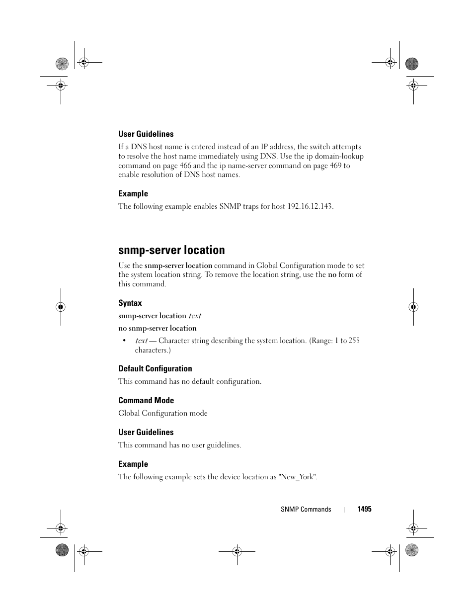 User guidelines, Example, Snmp-server location | Syntax, Default configuration, Command mode | Dell POWEREDGE M1000E User Manual | Page 1499 / 1682