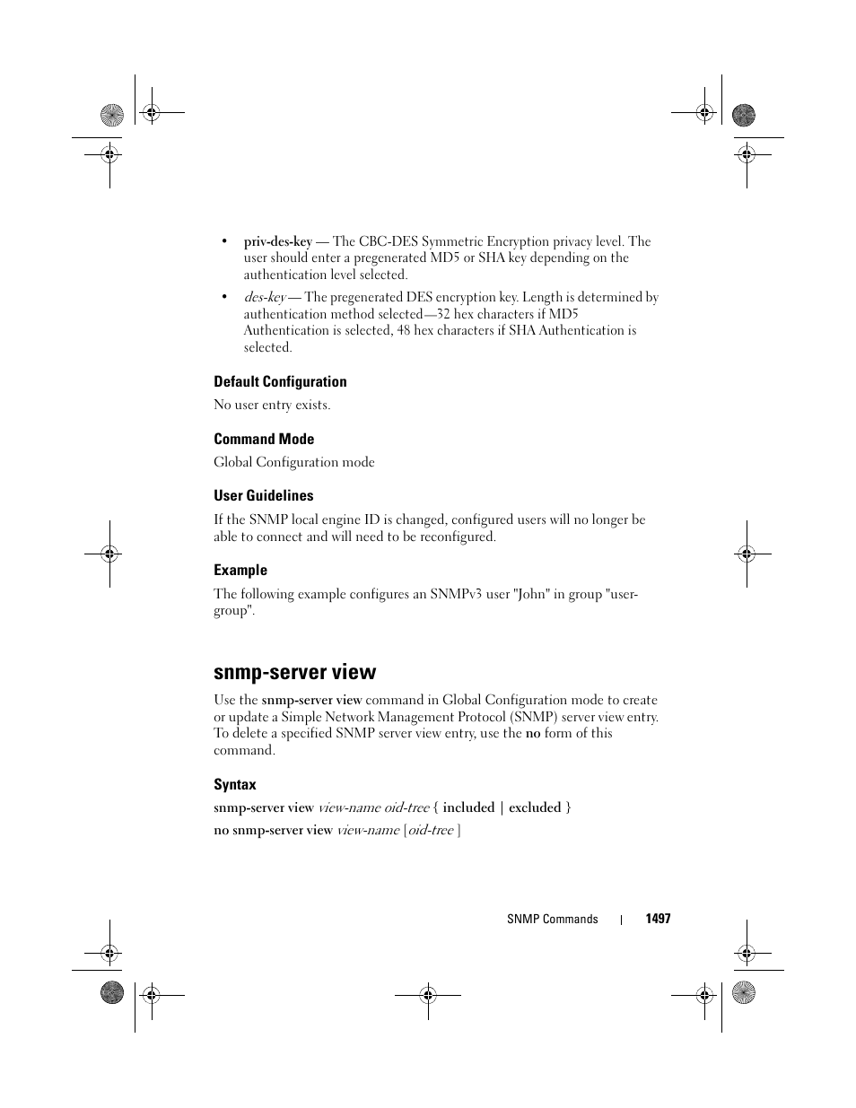 Default configuration, Command mode, User guidelines | Example, Snmp-server view, Syntax | Dell POWEREDGE M1000E User Manual | Page 1501 / 1682