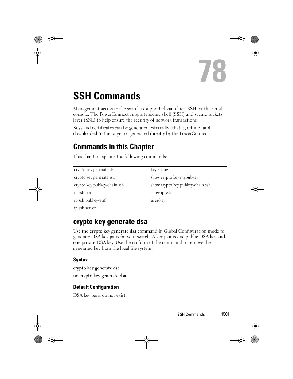 Ssh commands, Commands in this chapter, Crypto key generate dsa | Syntax, Default configuration | Dell POWEREDGE M1000E User Manual | Page 1505 / 1682