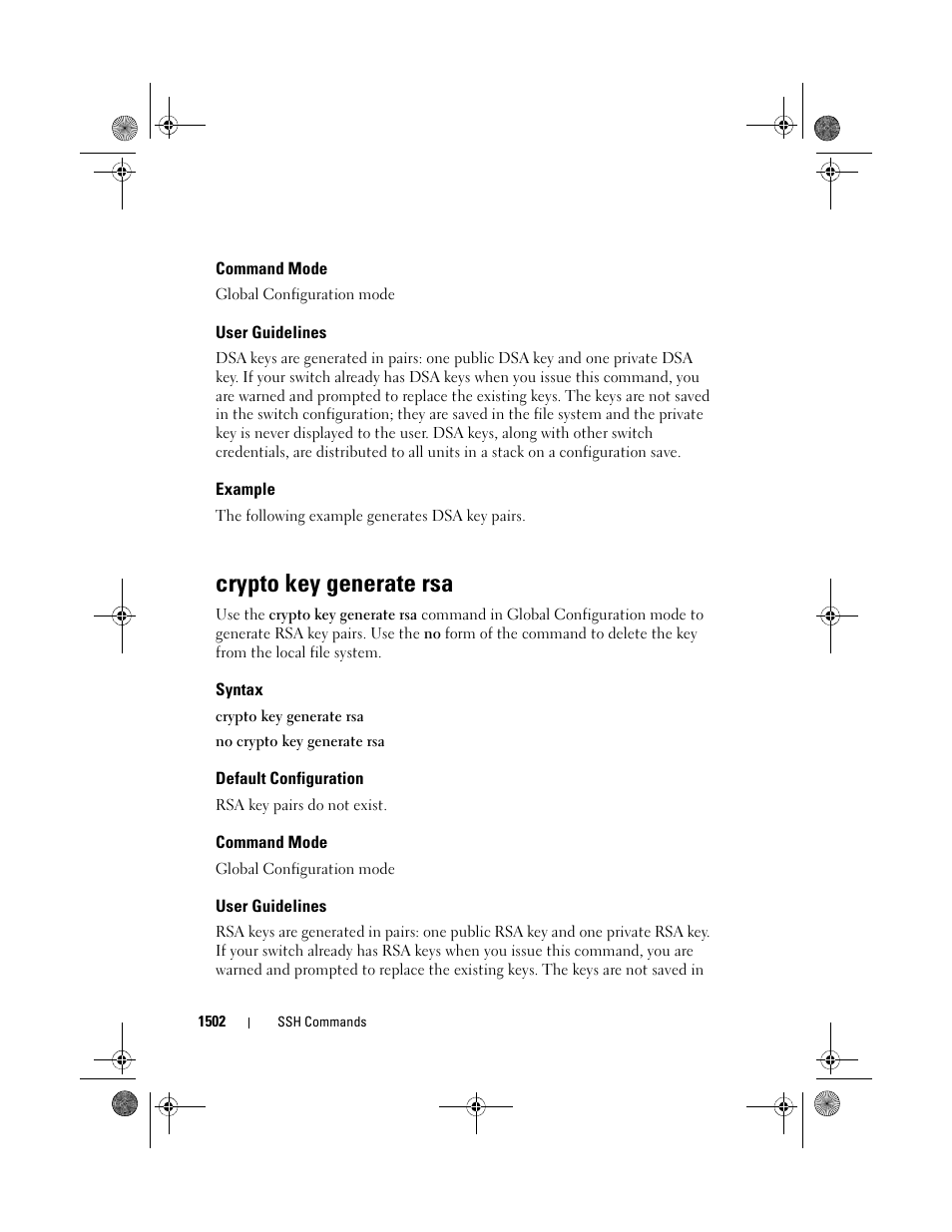 Command mode, User guidelines, Example | Crypto key generate rsa, Syntax, Default configuration | Dell POWEREDGE M1000E User Manual | Page 1506 / 1682