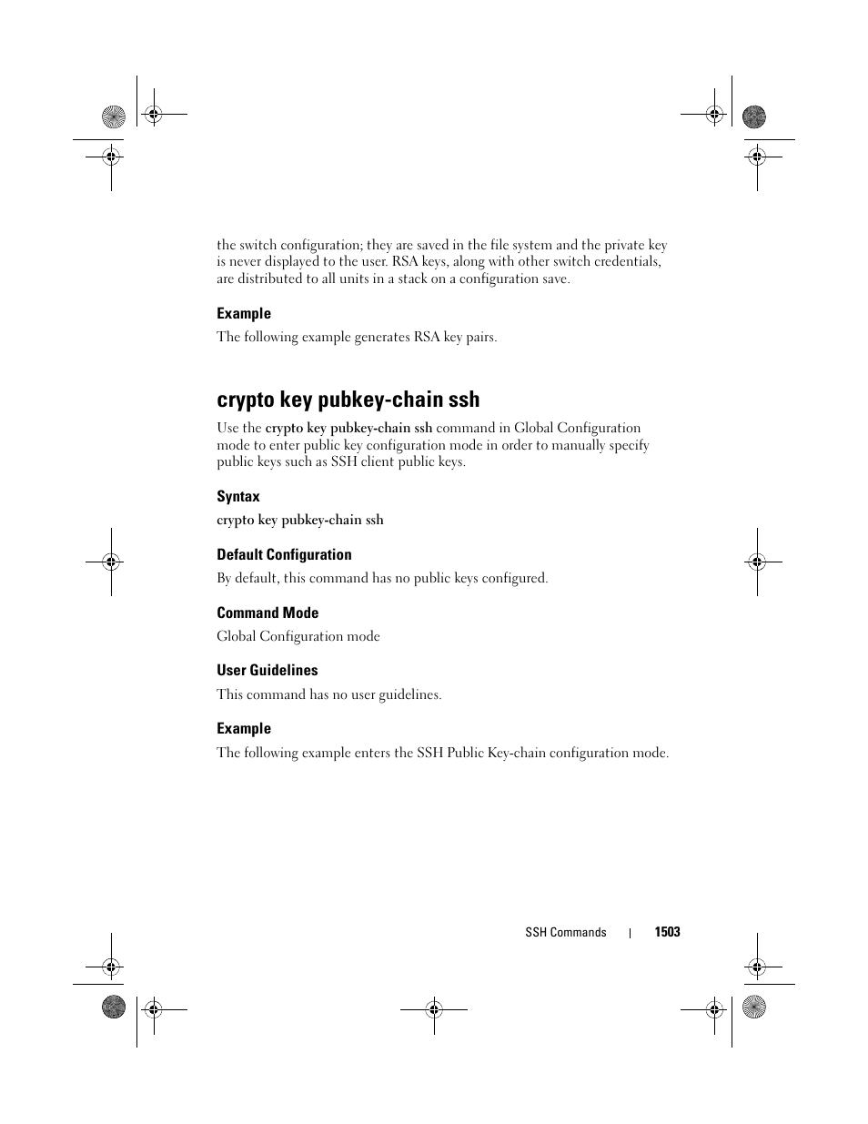 Example, Crypto key pubkey-chain ssh, Syntax | Default configuration, Command mode, User guidelines | Dell POWEREDGE M1000E User Manual | Page 1507 / 1682