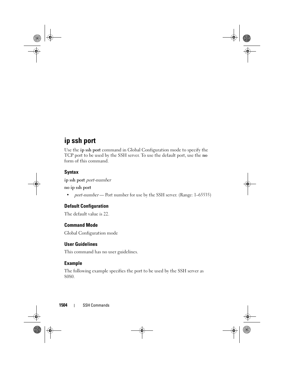 Ip ssh port, Syntax, Default configuration | Command mode, User guidelines, Example | Dell POWEREDGE M1000E User Manual | Page 1508 / 1682