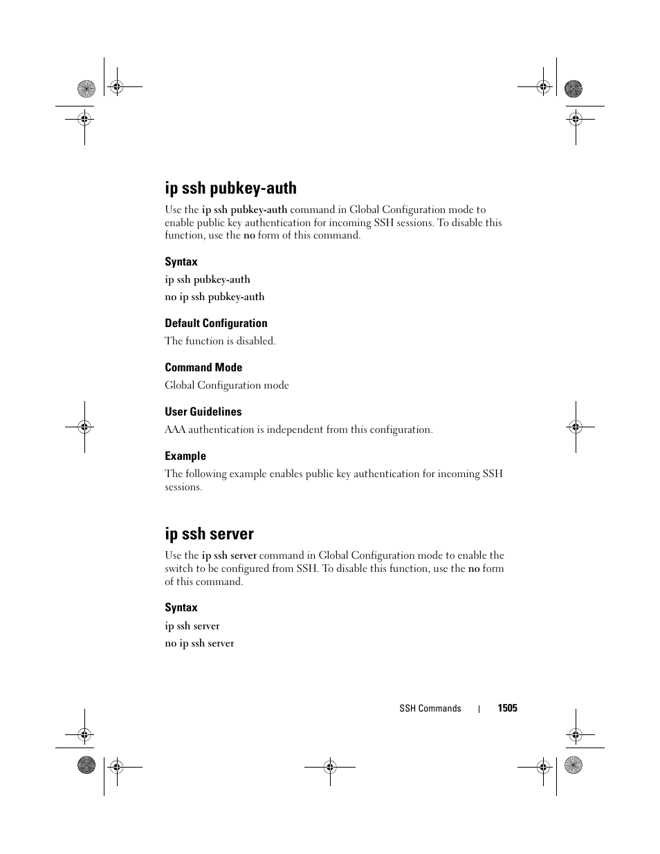 Ip ssh pubkey-auth, Syntax, Default configuration | Command mode, User guidelines, Example, Ip ssh server | Dell POWEREDGE M1000E User Manual | Page 1509 / 1682