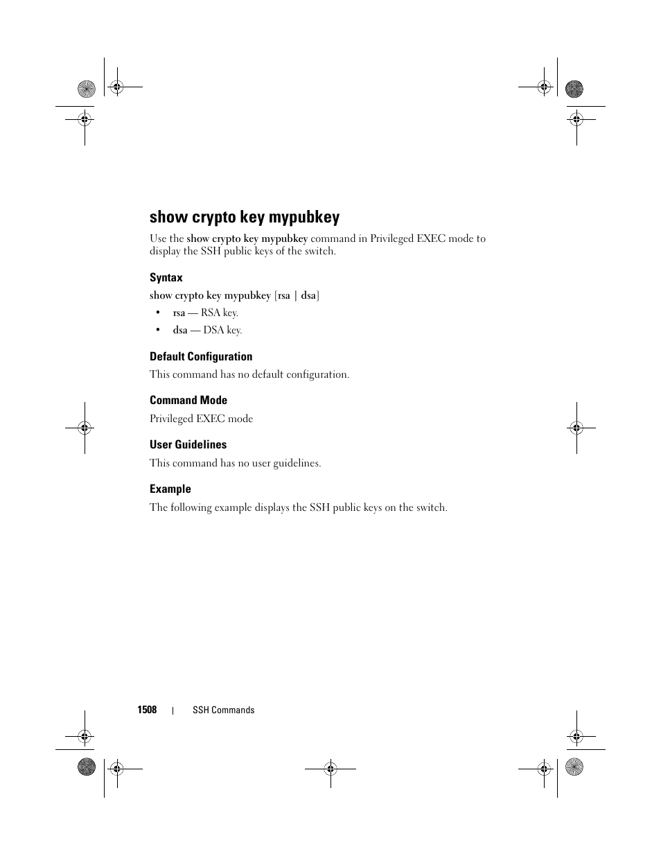 Show crypto key mypubkey, Syntax, Default configuration | Command mode, User guidelines, Example | Dell POWEREDGE M1000E User Manual | Page 1512 / 1682