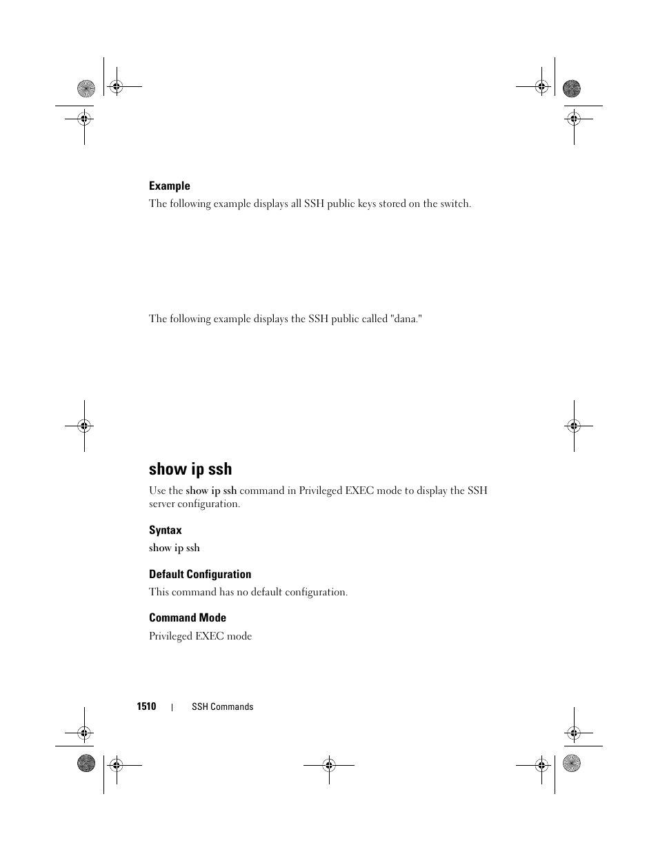 Example, Show ip ssh, Syntax | Default configuration, Command mode | Dell POWEREDGE M1000E User Manual | Page 1514 / 1682