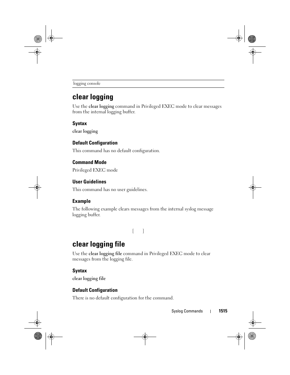 Clear logging, Syntax, Default configuration | Command mode, User guidelines, Example, Clear logging file | Dell POWEREDGE M1000E User Manual | Page 1519 / 1682