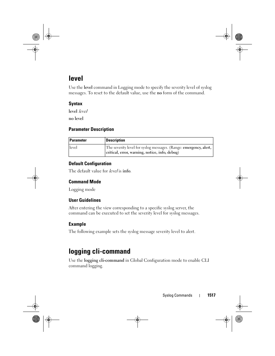 Level, Syntax, Parameter description | Default configuration, Command mode, User guidelines, Example, Logging cli-command | Dell POWEREDGE M1000E User Manual | Page 1521 / 1682
