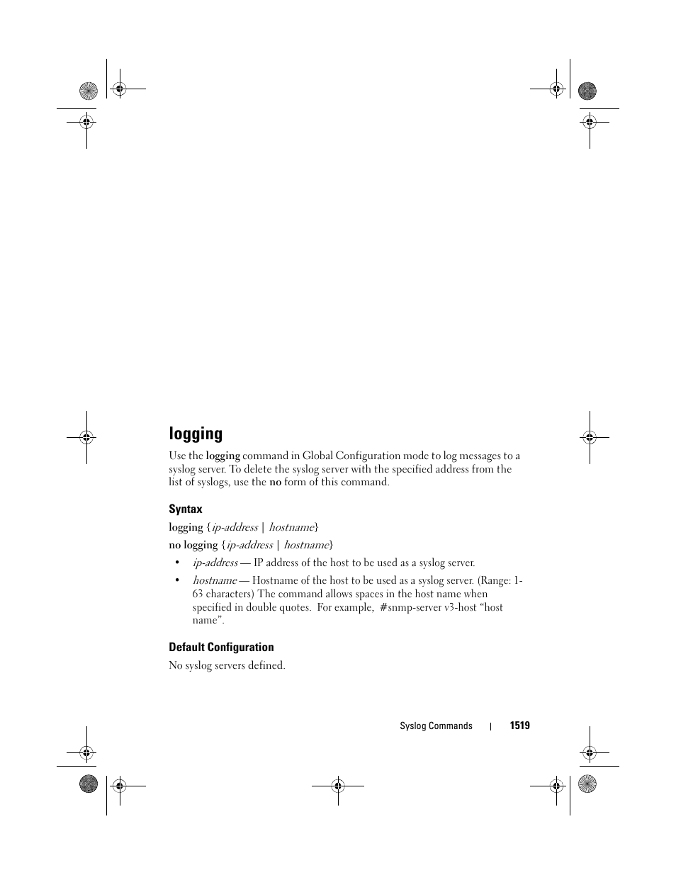 Logging, Syntax, Default configuration | Dell POWEREDGE M1000E User Manual | Page 1523 / 1682