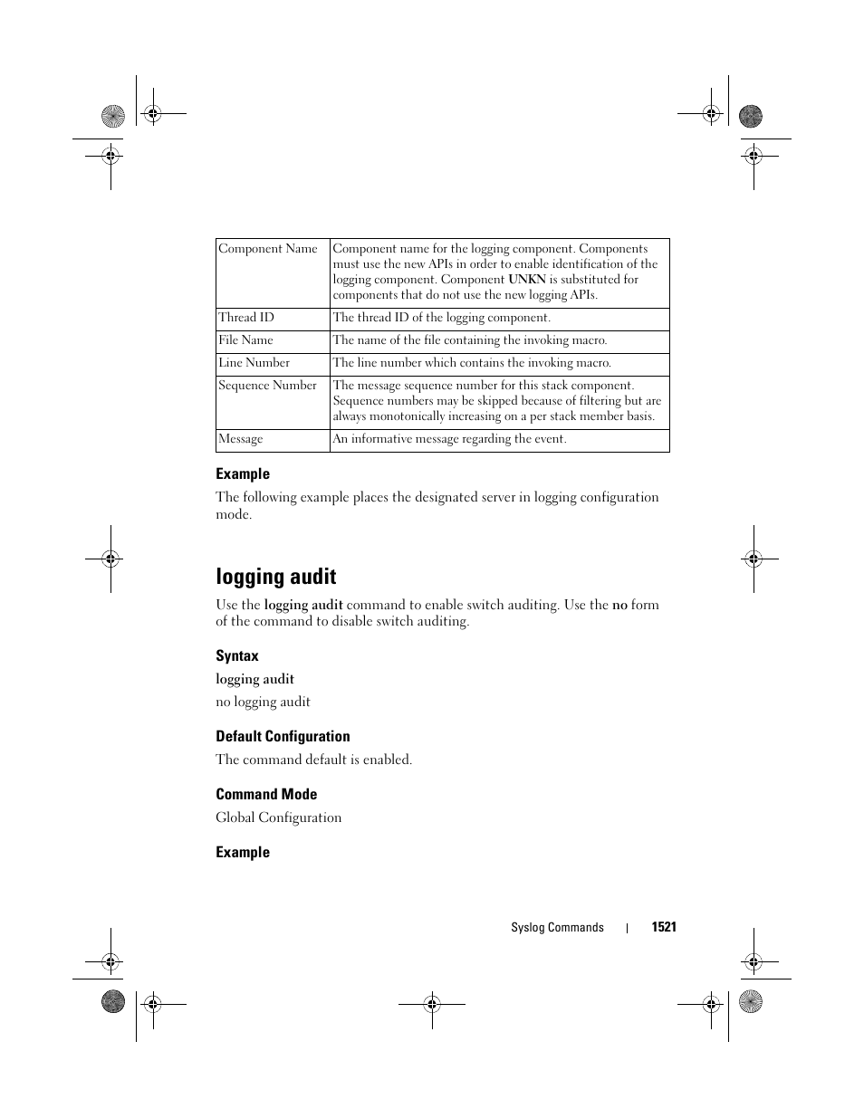 Example, Logging audit, Syntax | Default configuration, Command mode | Dell POWEREDGE M1000E User Manual | Page 1525 / 1682