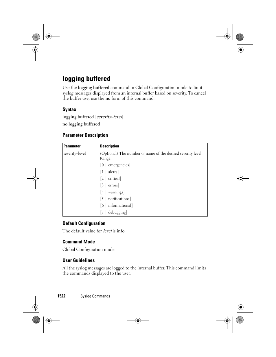 Logging buffered, Syntax, Parameter description | Default configuration, Command mode, User guidelines | Dell POWEREDGE M1000E User Manual | Page 1526 / 1682