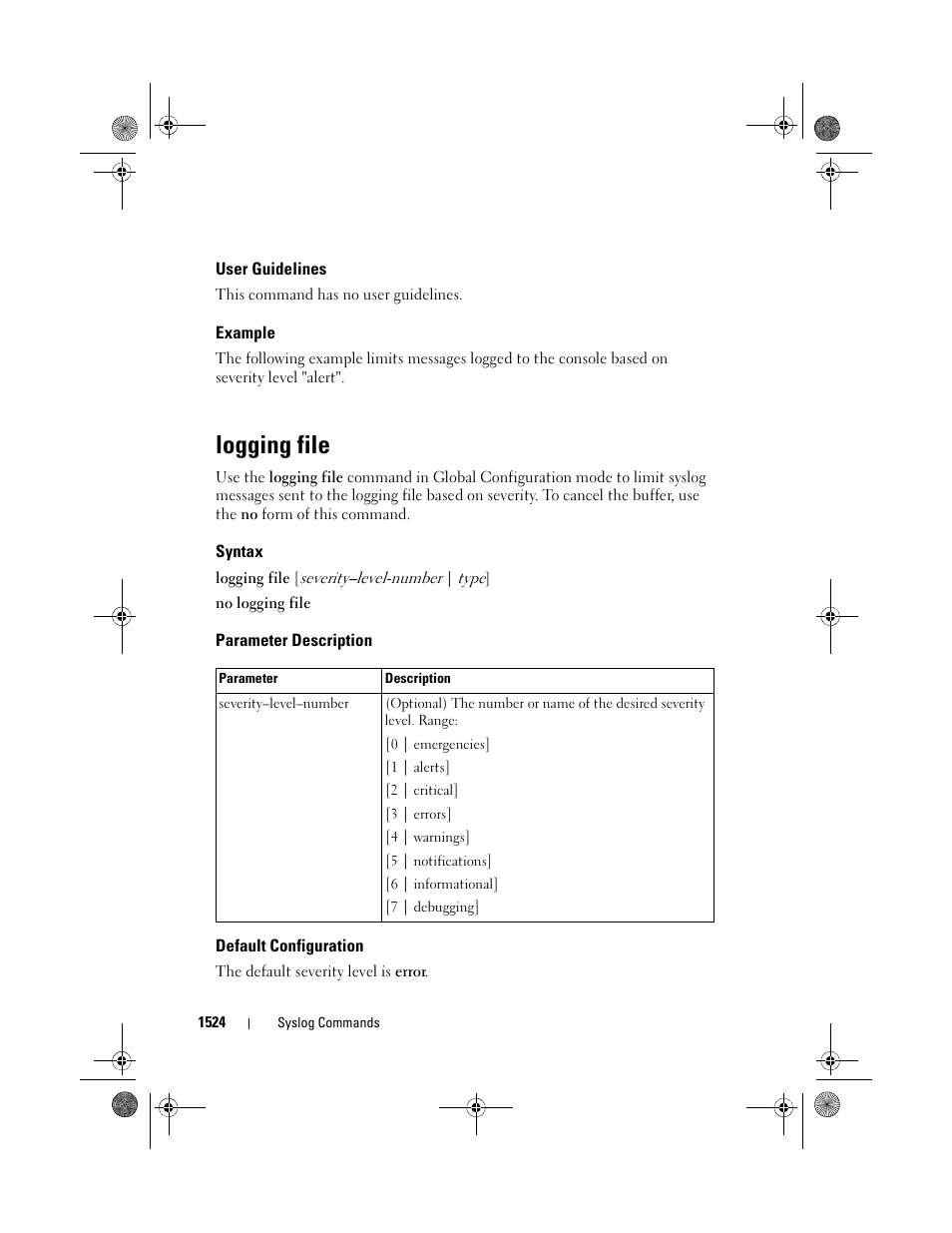 User guidelines, Example, Logging file | Syntax, Parameter description, Default configuration | Dell POWEREDGE M1000E User Manual | Page 1528 / 1682