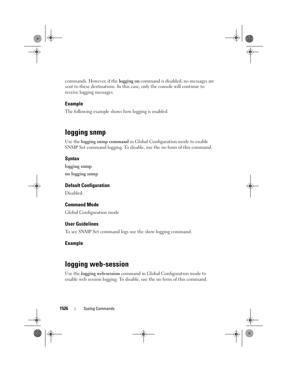 Example, Logging snmp, Syntax | Default configuration, Command mode, User guidelines, Logging web-session | Dell POWEREDGE M1000E User Manual | Page 1530 / 1682