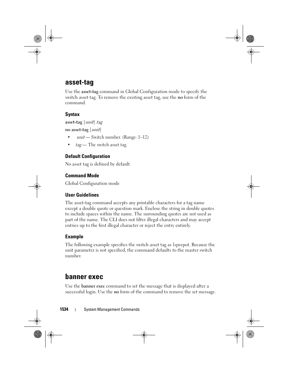 Asset-tag, Syntax, Default configuration | Command mode, User guidelines, Example, Banner exec | Dell POWEREDGE M1000E User Manual | Page 1538 / 1682