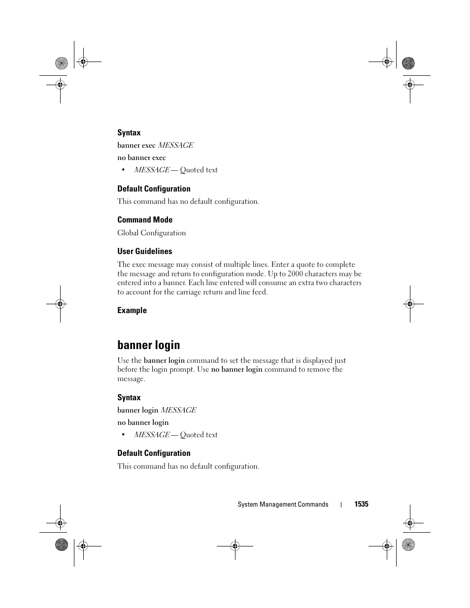 Syntax, Default configuration, Command mode | User guidelines, Example, Banner login | Dell POWEREDGE M1000E User Manual | Page 1539 / 1682