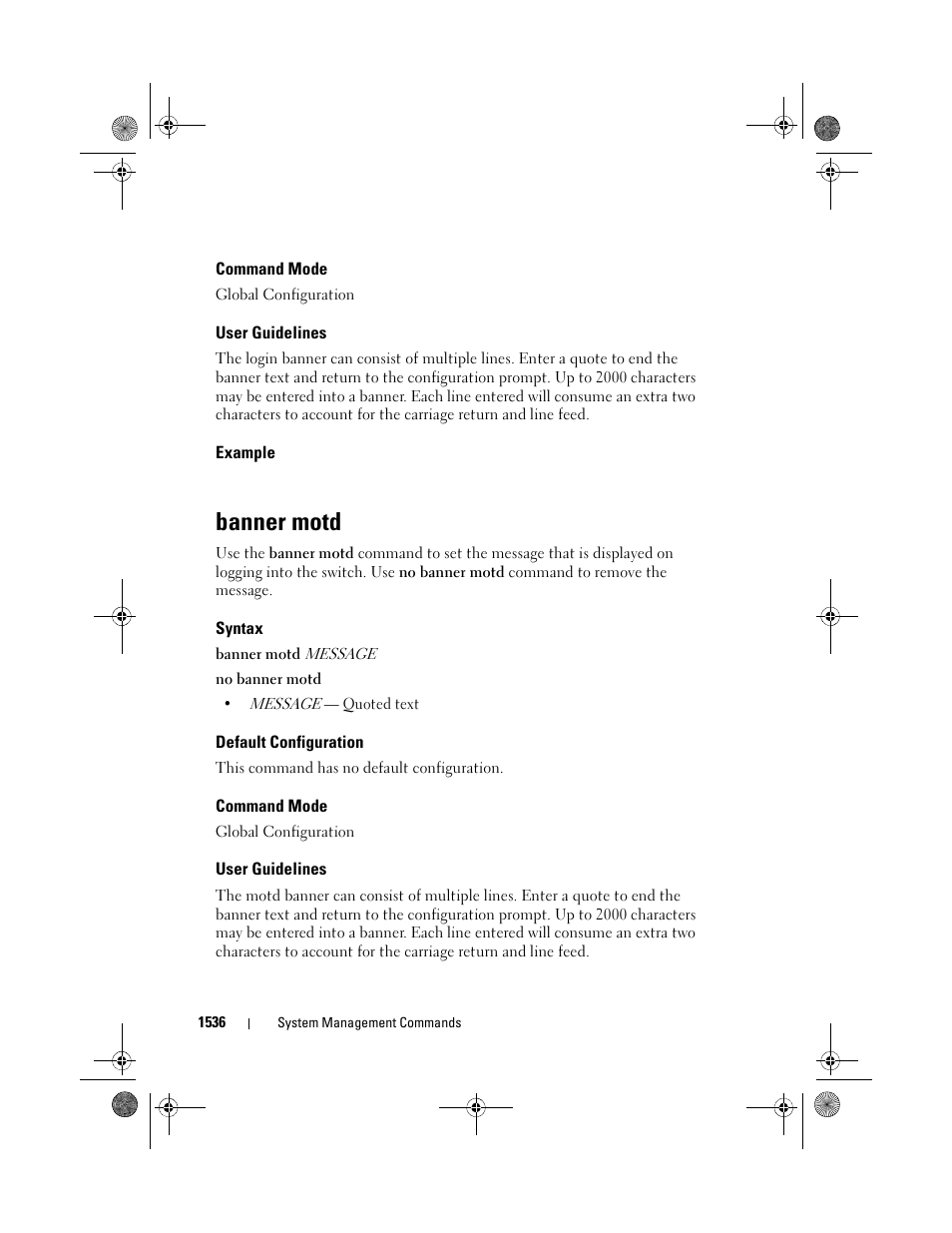 Command mode, User guidelines, Example | Banner motd, Syntax, Default configuration | Dell POWEREDGE M1000E User Manual | Page 1540 / 1682