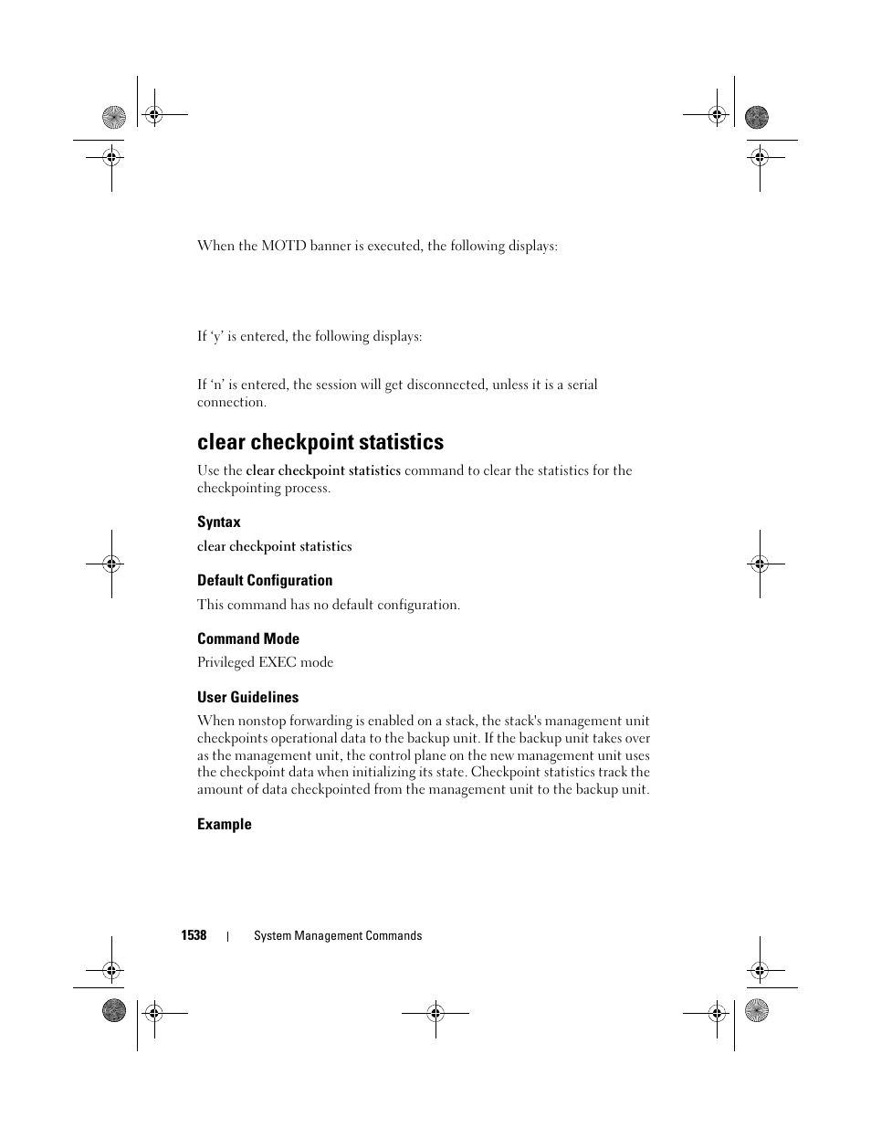 Clear checkpoint statistics, Syntax, Default configuration | Command mode, User guidelines, Example, Clear checkpoint, Statistics | Dell POWEREDGE M1000E User Manual | Page 1542 / 1682