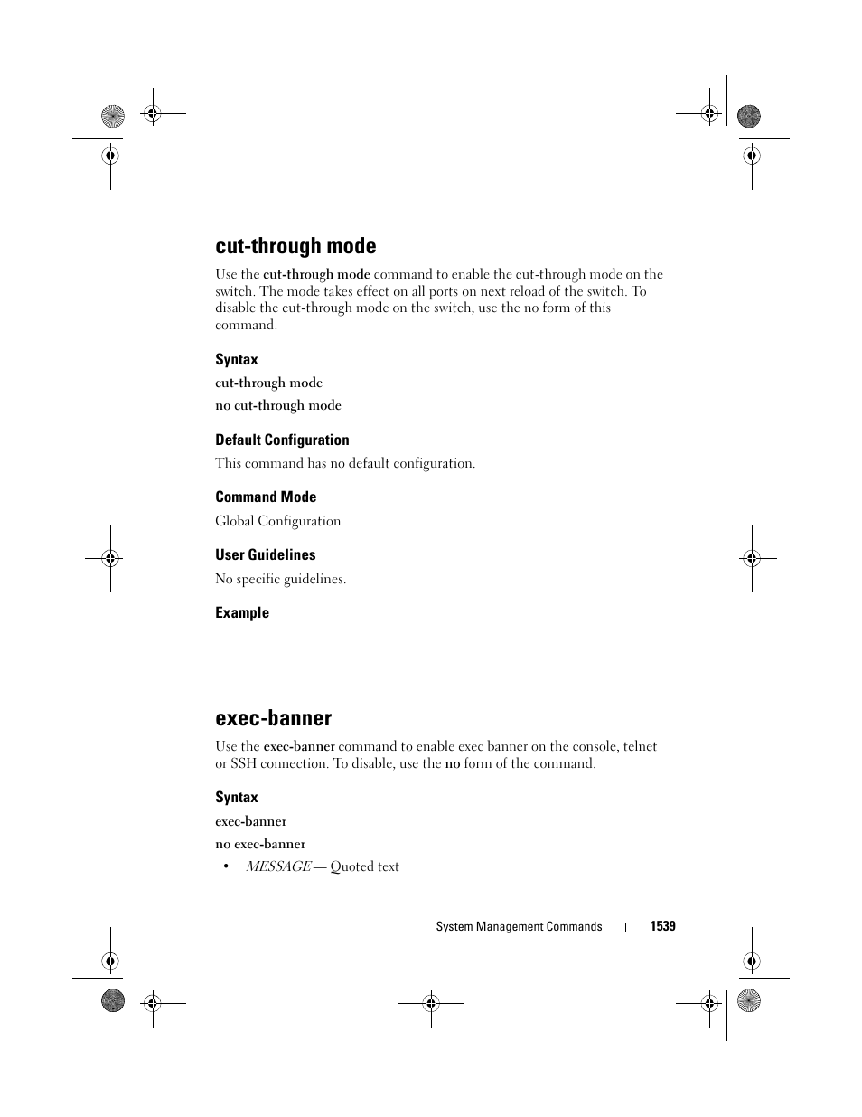 Cut-through mode, Syntax, Default configuration | Command mode, User guidelines, Example, Exec-banner | Dell POWEREDGE M1000E User Manual | Page 1543 / 1682