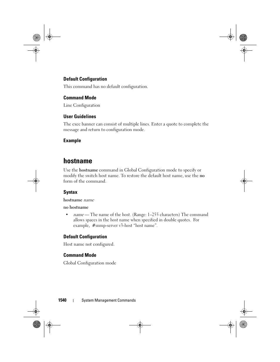 Default configuration, Command mode, User guidelines | Example, Hostname, Syntax | Dell POWEREDGE M1000E User Manual | Page 1544 / 1682