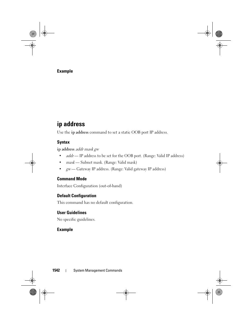 Example, Ip address, Syntax | Command mode, Default configuration, User guidelines | Dell POWEREDGE M1000E User Manual | Page 1546 / 1682