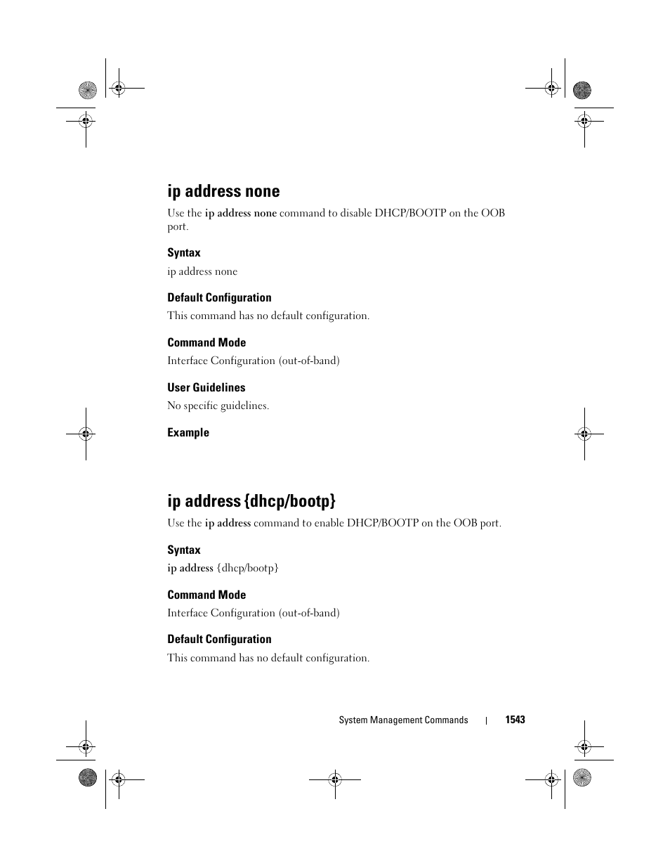 Ip address none, Syntax, Default configuration | Command mode, User guidelines, Example, Ip address {dhcp/bootp, Ip address, Dhcp/bootp | Dell POWEREDGE M1000E User Manual | Page 1547 / 1682