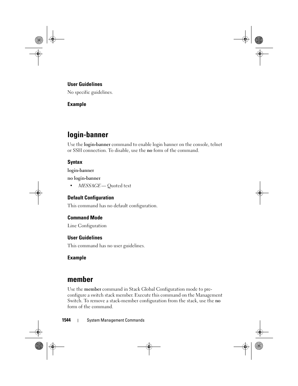 User guidelines, Example, Login-banner | Syntax, Default configuration, Command mode, Member | Dell POWEREDGE M1000E User Manual | Page 1548 / 1682