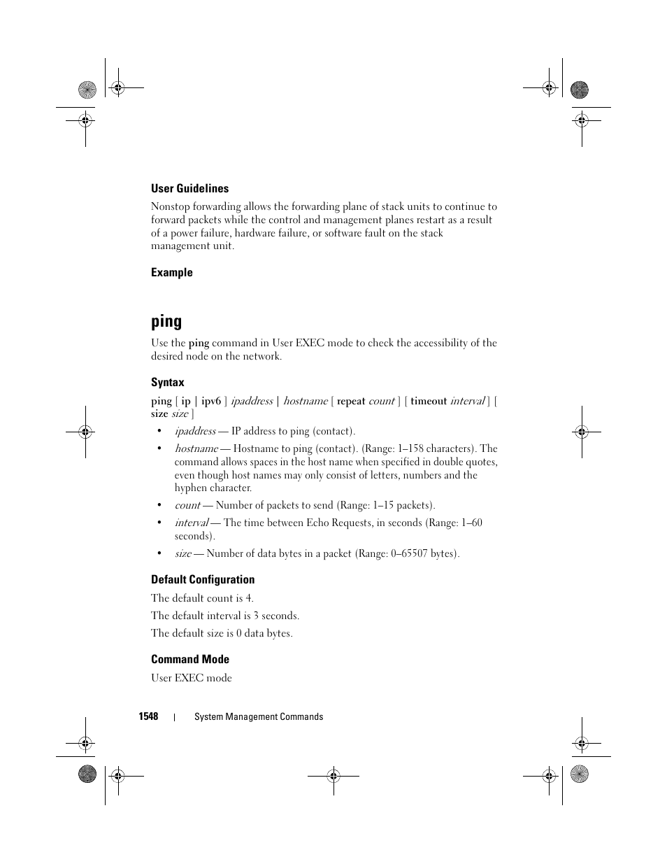 User guidelines, Example, Ping | Syntax, Default configuration, Command mode | Dell POWEREDGE M1000E User Manual | Page 1552 / 1682