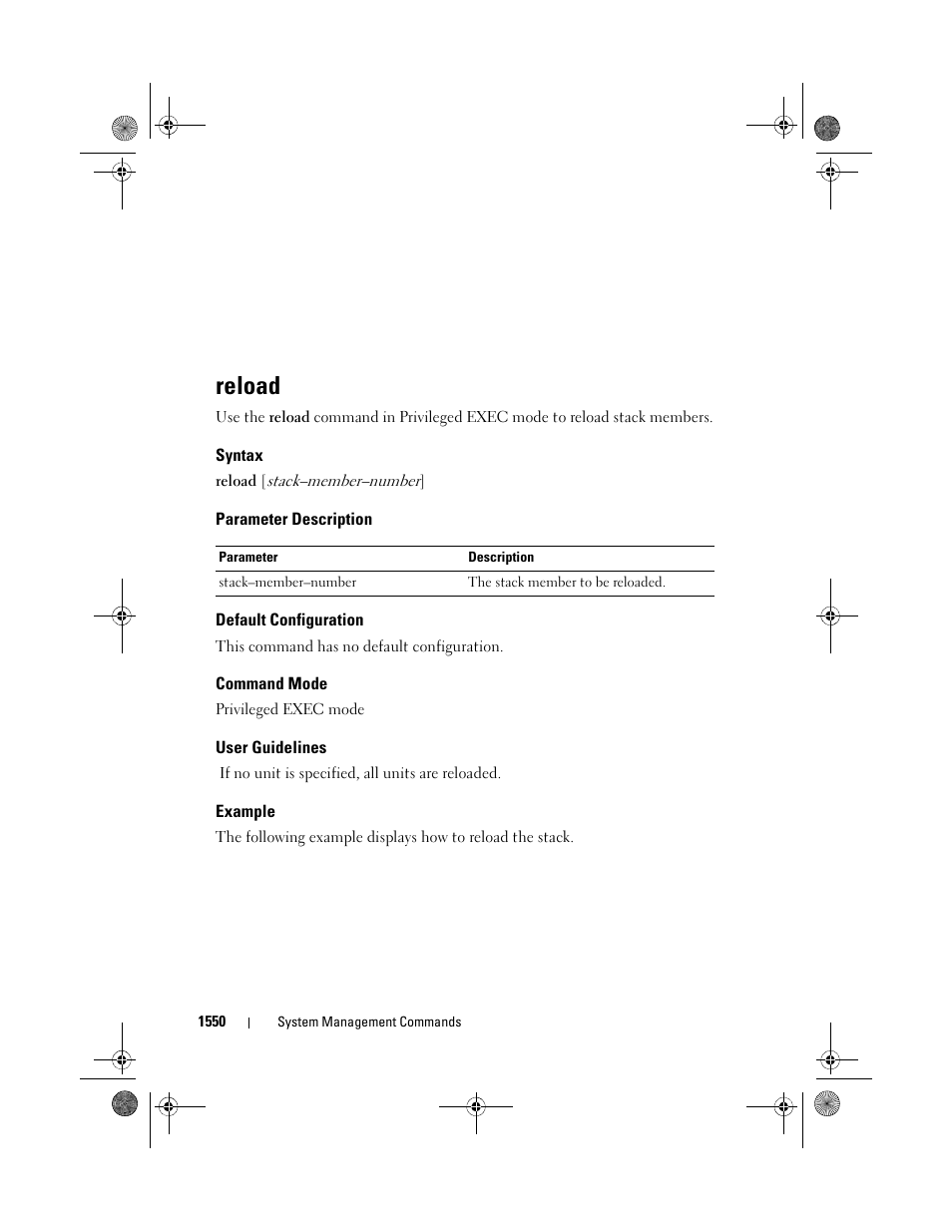 Reload, Syntax, Parameter description | Default configuration, Command mode, User guidelines, Example | Dell POWEREDGE M1000E User Manual | Page 1554 / 1682