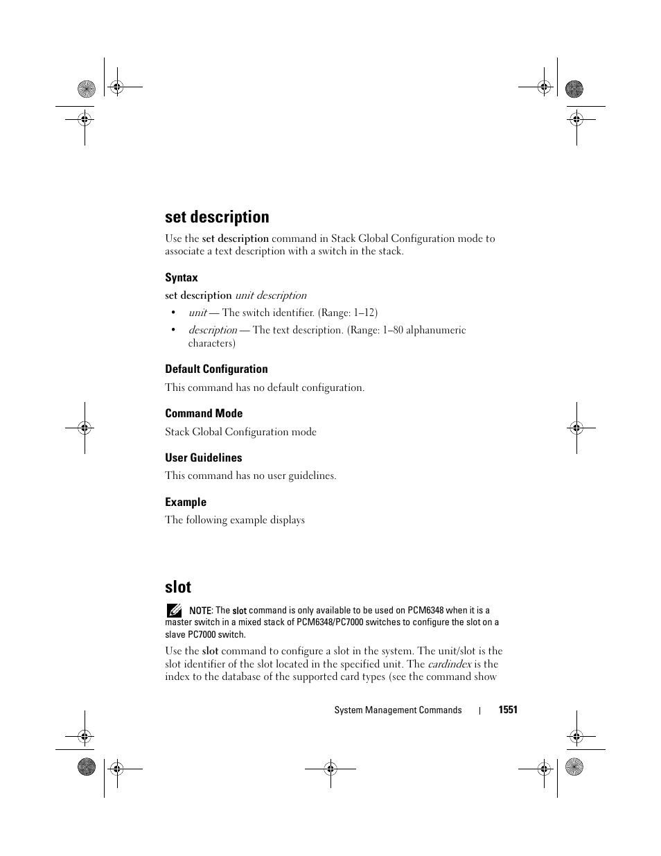 Set description, Syntax, Default configuration | Command mode, User guidelines, Example, Slot | Dell POWEREDGE M1000E User Manual | Page 1555 / 1682