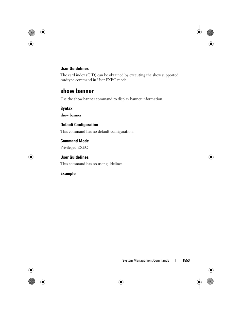 User guidelines, Show banner, Syntax | Default configuration, Command mode, Example | Dell POWEREDGE M1000E User Manual | Page 1557 / 1682