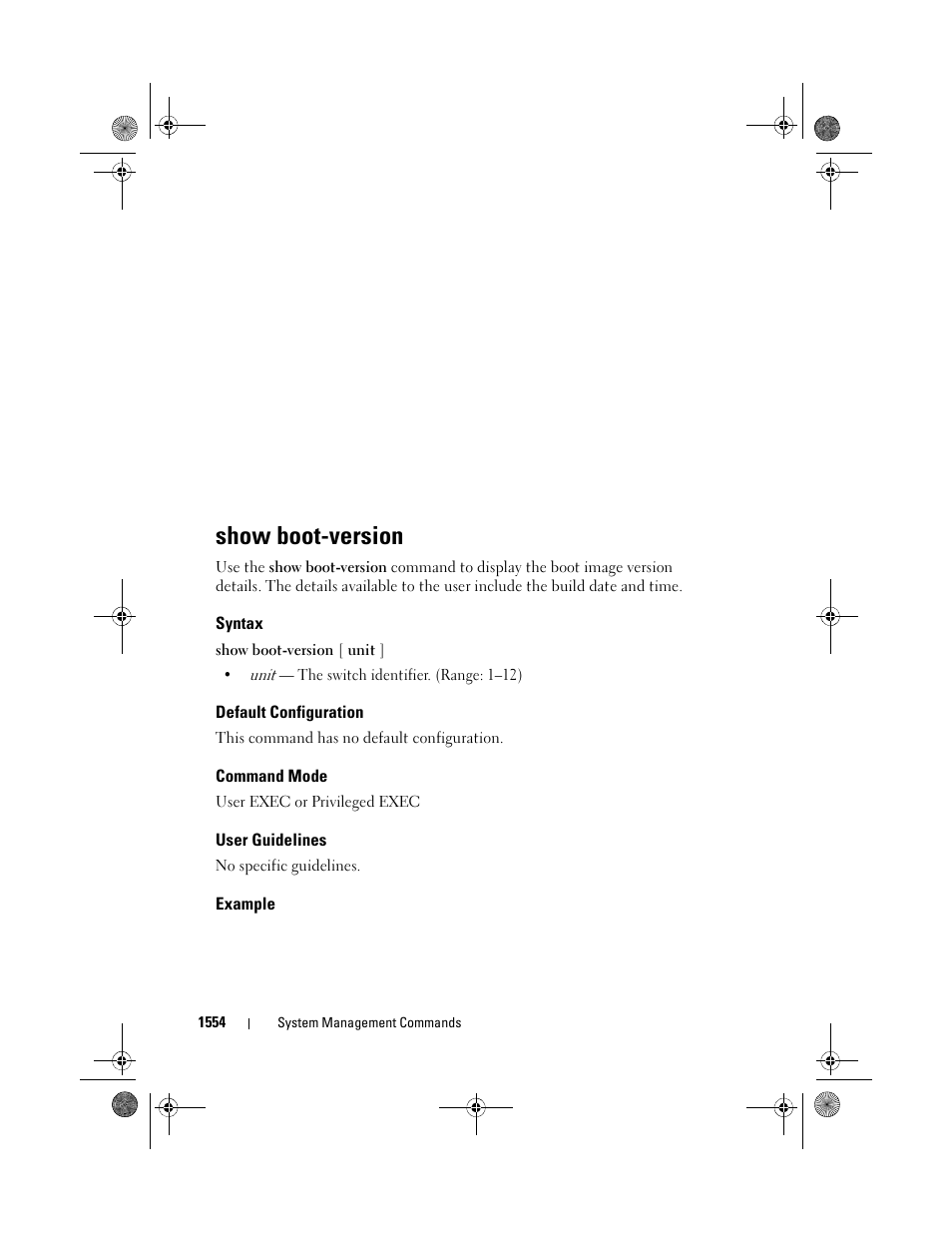 Show boot-version, Syntax, Default configuration | Command mode, User guidelines, Example | Dell POWEREDGE M1000E User Manual | Page 1558 / 1682