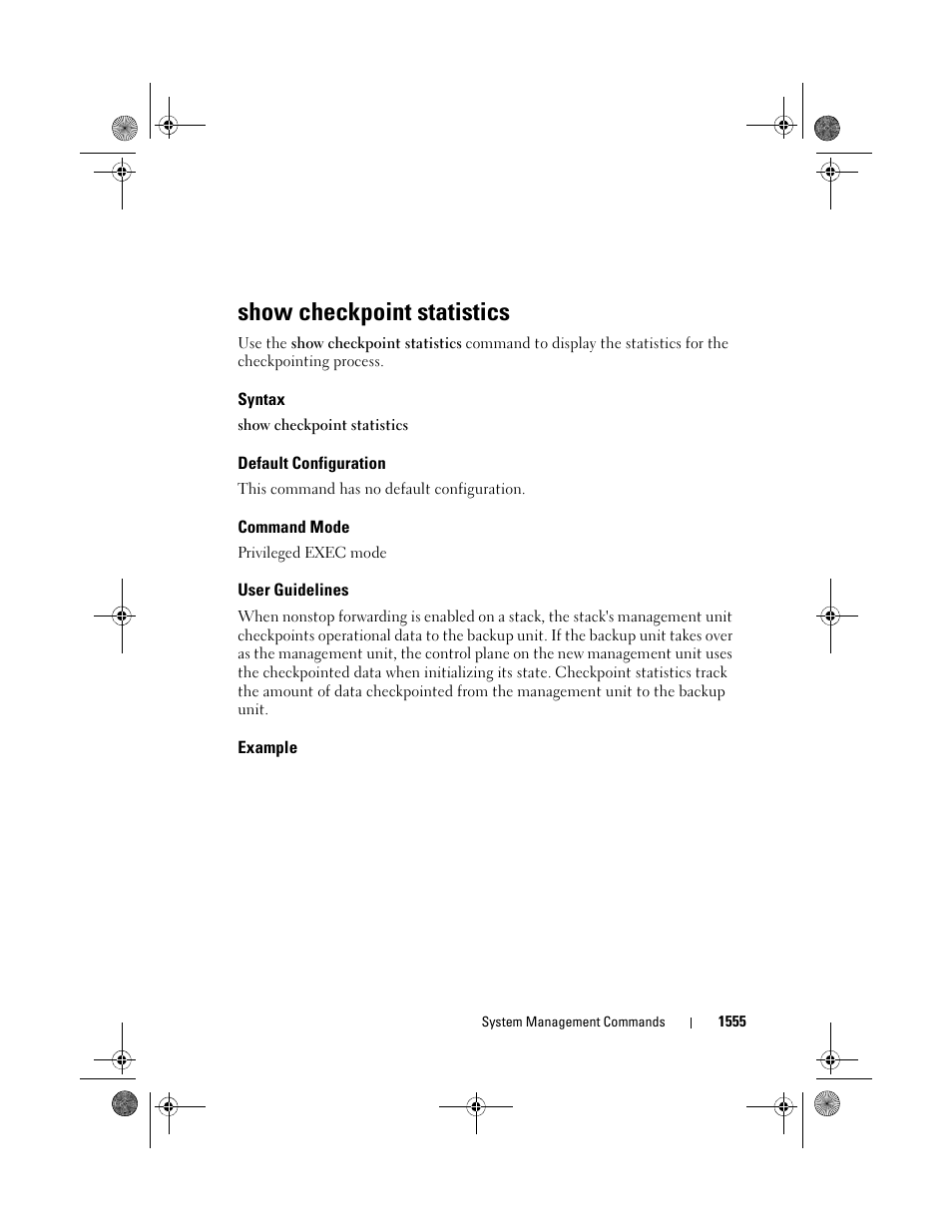 Show checkpoint statistics, Syntax, Default configuration | Command mode, User guidelines, Example, Show checkpoint, Statistics | Dell POWEREDGE M1000E User Manual | Page 1559 / 1682