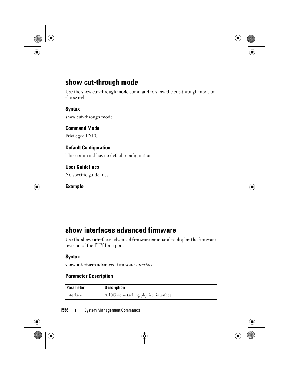 Show cut-through mode, Syntax, Command mode | Default configuration, User guidelines, Example, Show interfaces advanced firmware, Parameter description, Show cut-through, Mode | Dell POWEREDGE M1000E User Manual | Page 1560 / 1682