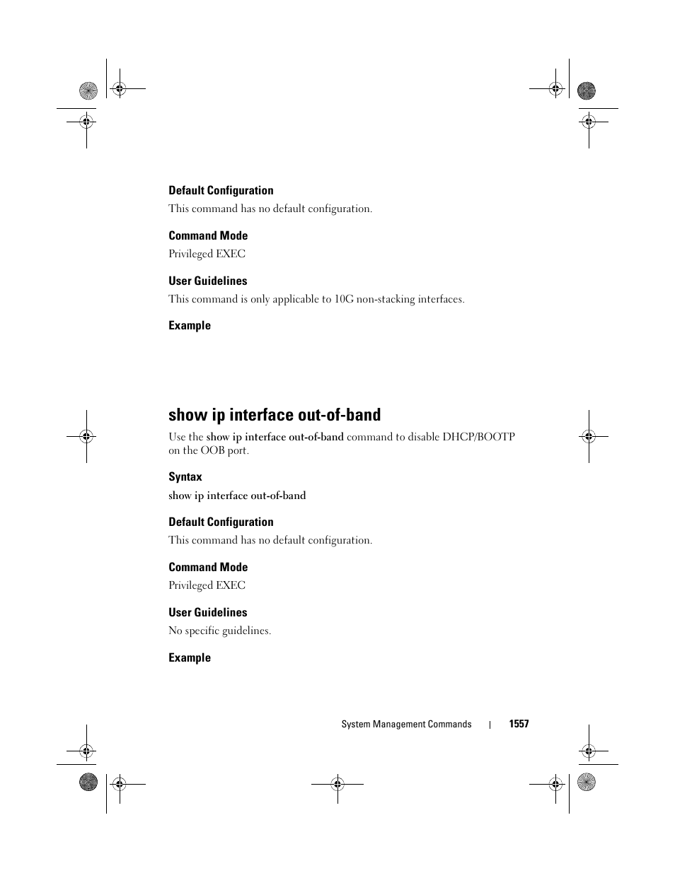 Default configuration, Command mode, User guidelines | Example, Show ip interface out-of-band, Syntax, Show ip interface, Out-of-band | Dell POWEREDGE M1000E User Manual | Page 1561 / 1682