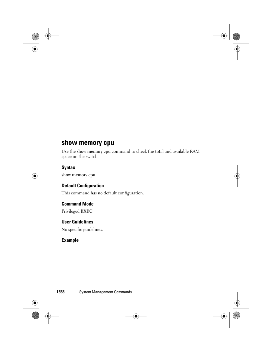 Show memory cpu, Syntax, Default configuration | Command mode, User guidelines, Example | Dell POWEREDGE M1000E User Manual | Page 1562 / 1682