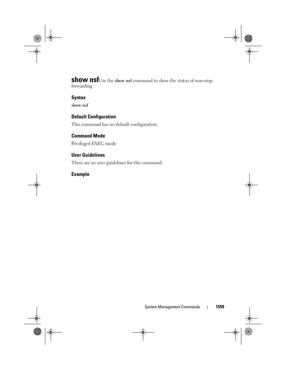 Syntax, Default configuration, Command mode | User guidelines, Example, Show nsfuse the, Show nsf command, To show the status, Of non-stop, Forwarding | Dell POWEREDGE M1000E User Manual | Page 1563 / 1682