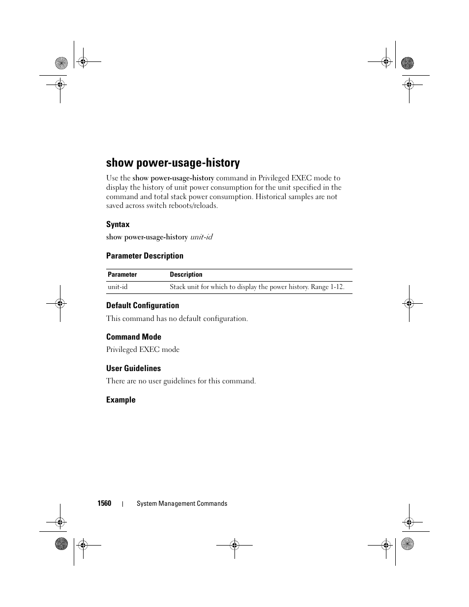 Show power-usage-history, Syntax, Parameter description | Default configuration, Command mode, User guidelines, Example, Show power-usage, History | Dell POWEREDGE M1000E User Manual | Page 1564 / 1682