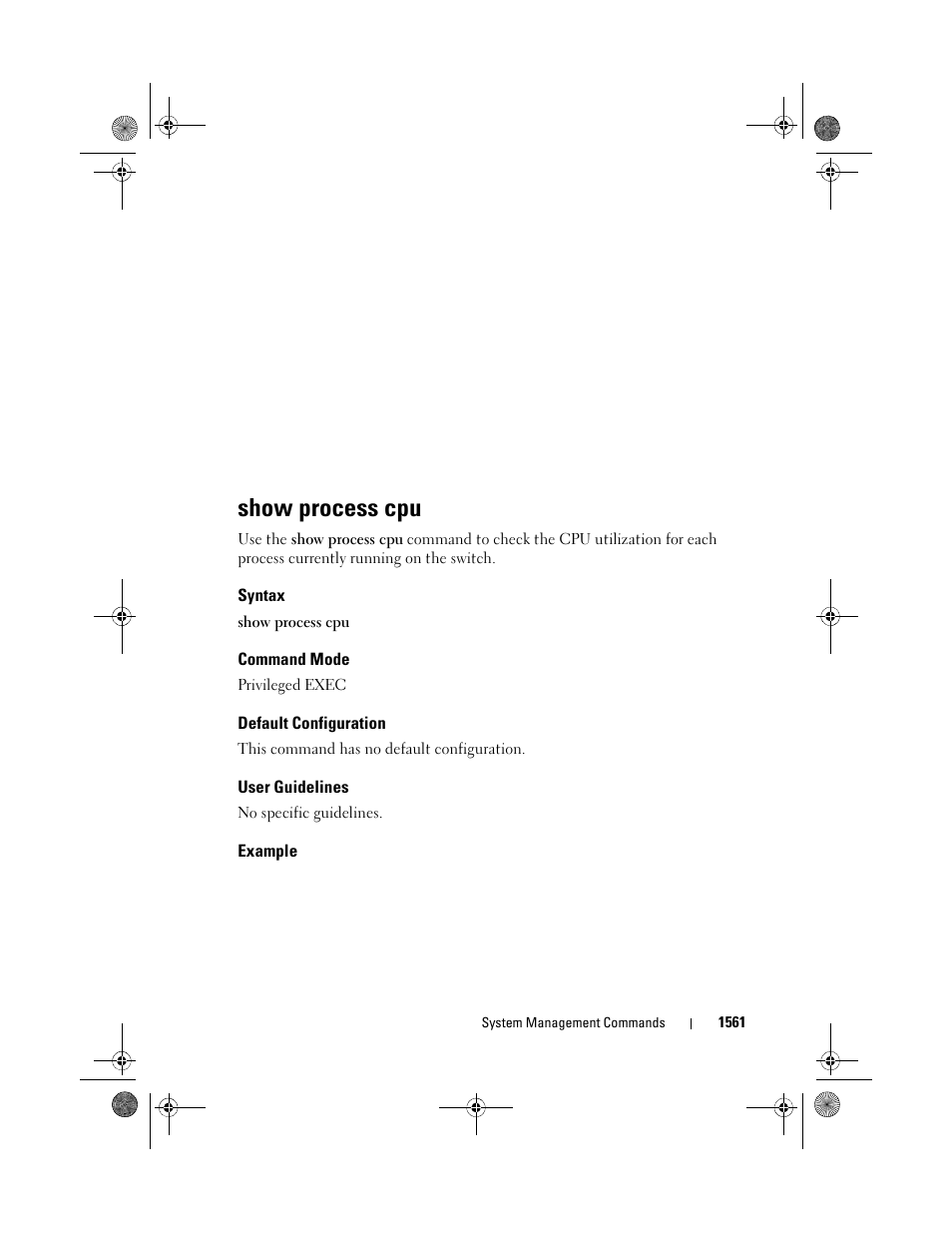 Show process cpu, Syntax, Command mode | Default configuration, User guidelines, Example | Dell POWEREDGE M1000E User Manual | Page 1565 / 1682