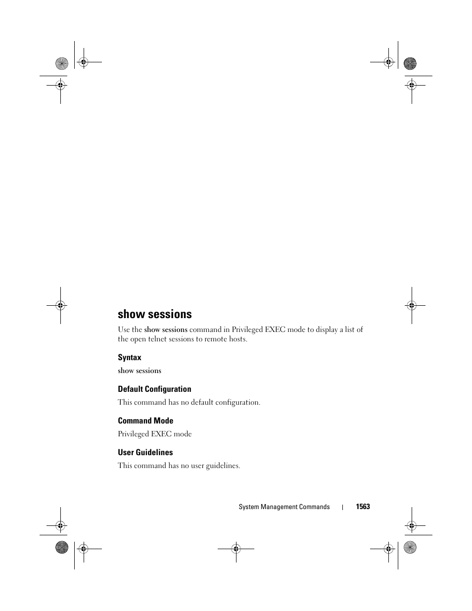 Show sessions, Syntax, Default configuration | Command mode, User guidelines | Dell POWEREDGE M1000E User Manual | Page 1567 / 1682