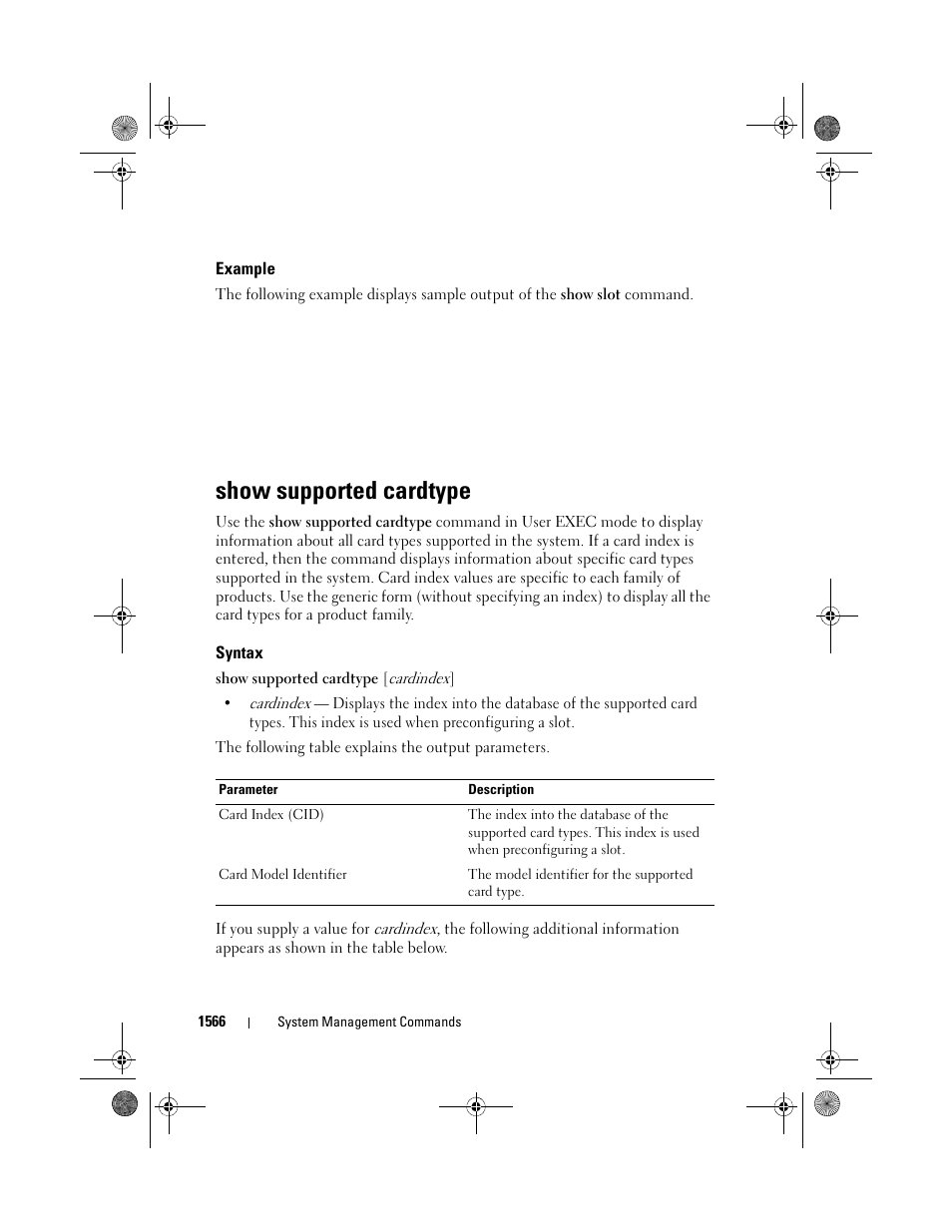 Example, Show supported cardtype, Syntax | Show supported, Cardtype | Dell POWEREDGE M1000E User Manual | Page 1570 / 1682