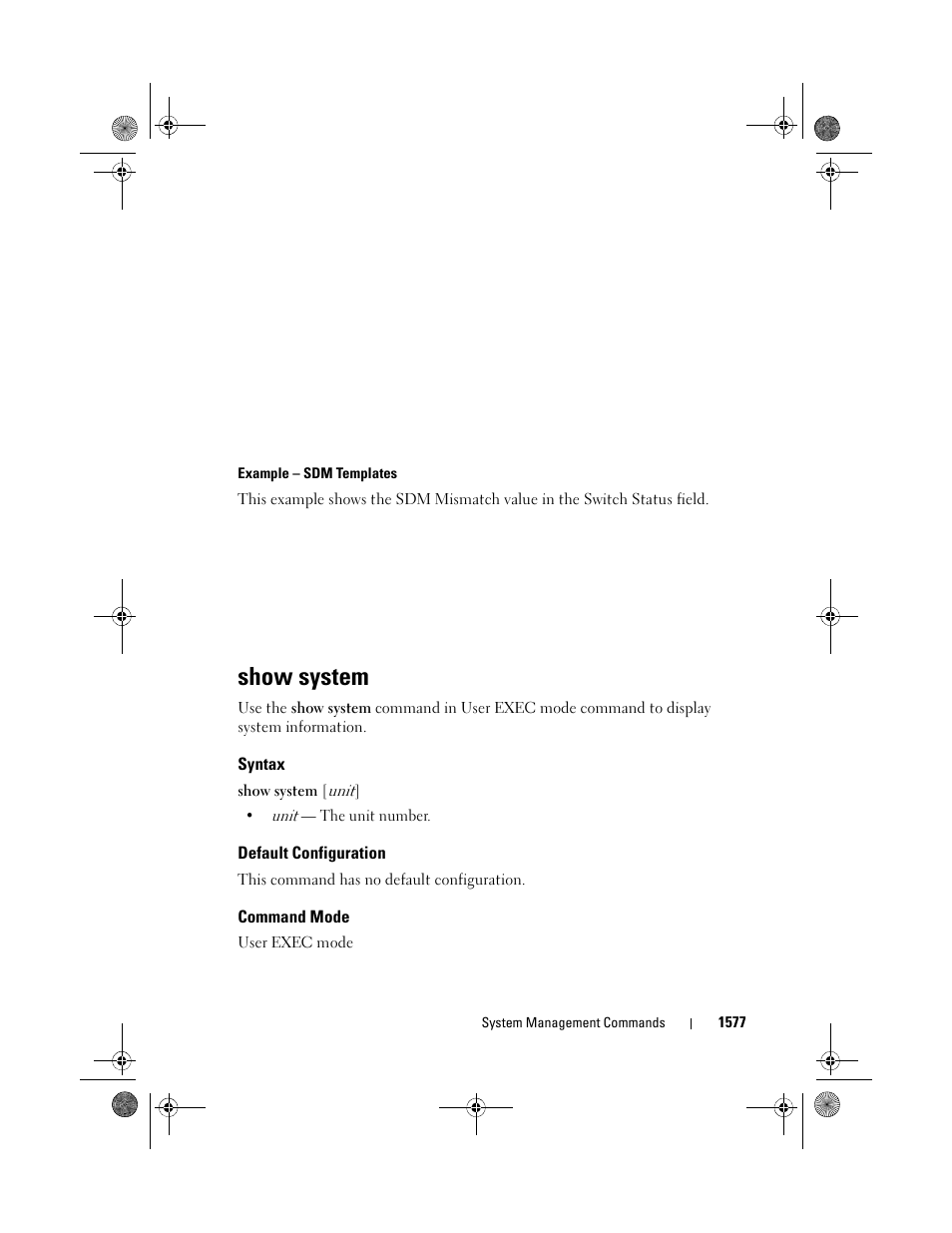 Show system, Syntax, Default configuration | Command mode, Unit | Dell POWEREDGE M1000E User Manual | Page 1581 / 1682