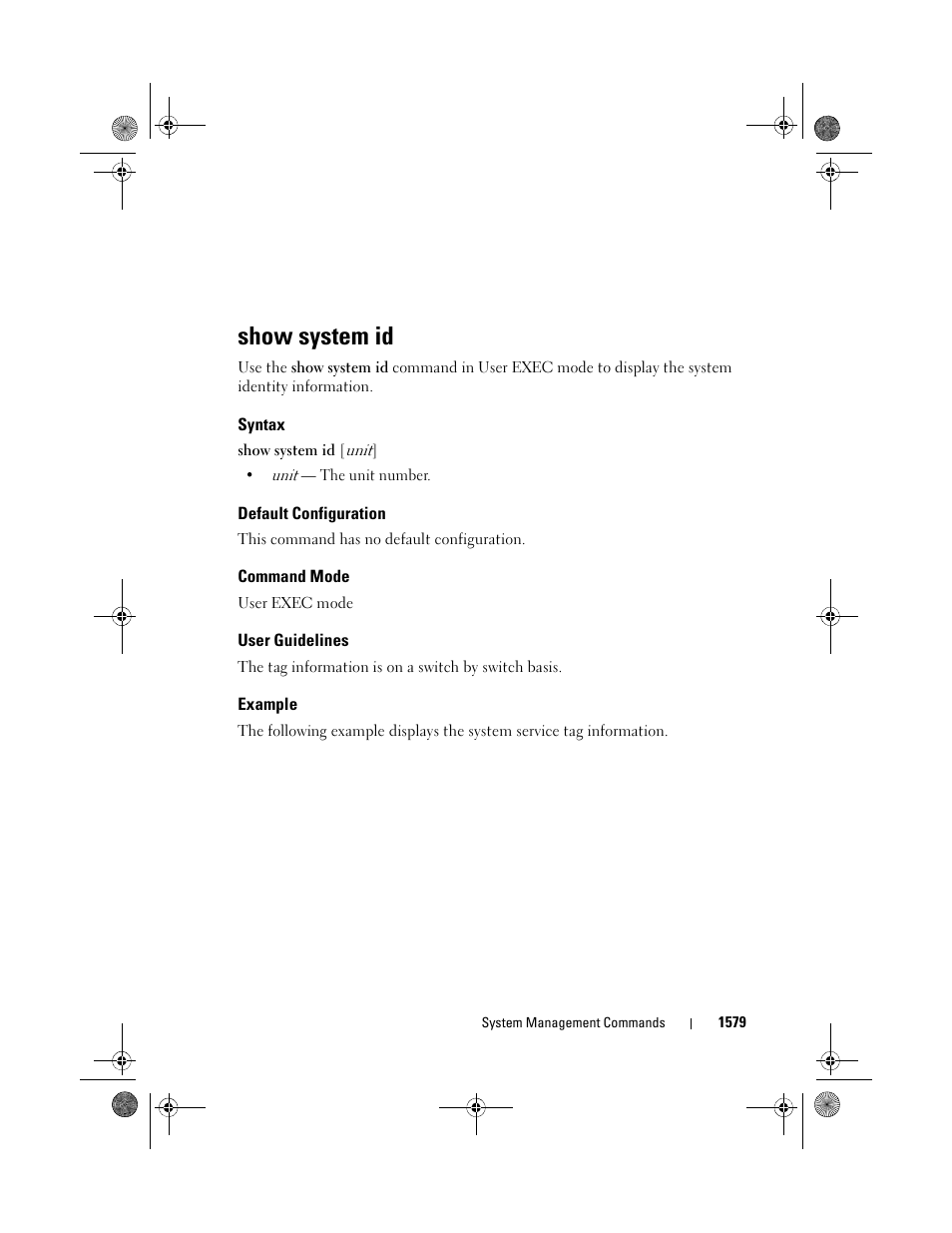 Show system id, Syntax, Default configuration | Command mode, User guidelines, Example | Dell POWEREDGE M1000E User Manual | Page 1583 / 1682