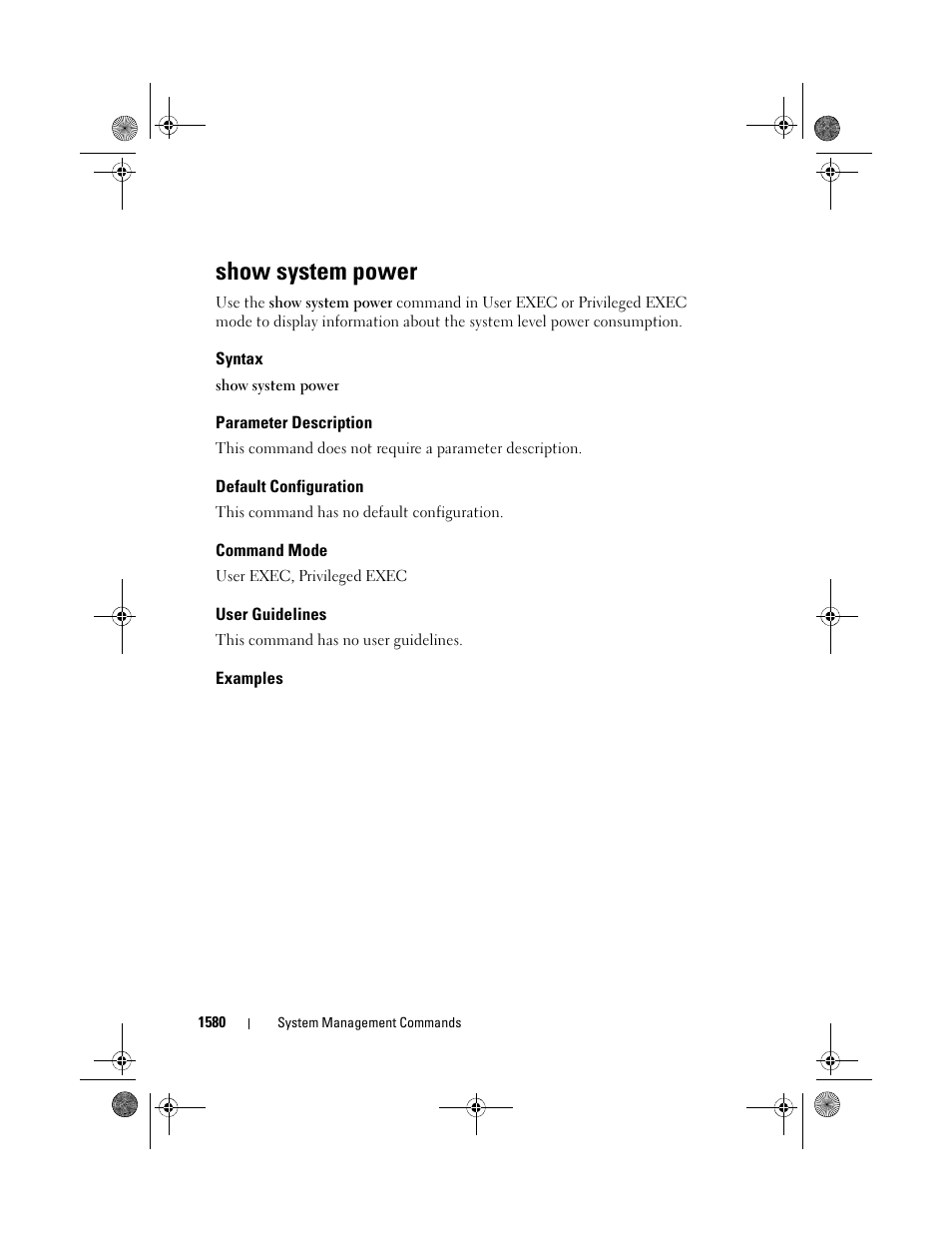 Show system power, Syntax, Parameter description | Default configuration, Command mode, User guidelines, Examples | Dell POWEREDGE M1000E User Manual | Page 1584 / 1682