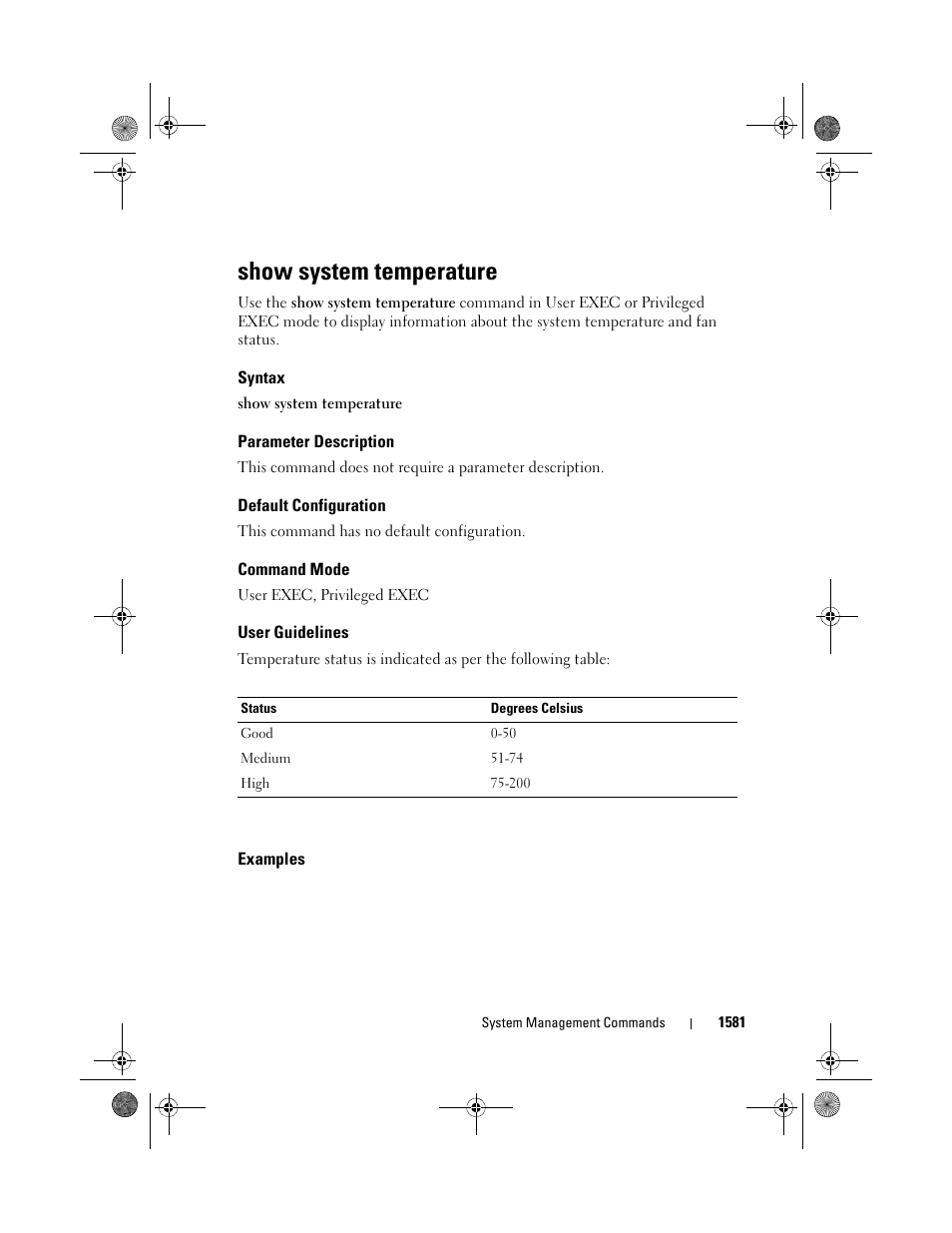 Show system temperature, Syntax, Parameter description | Default configuration, Command mode, User guidelines, Examples, Show system, Temperature | Dell POWEREDGE M1000E User Manual | Page 1585 / 1682