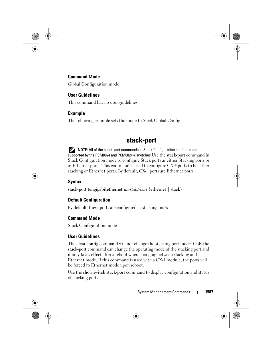 Command mode, User guidelines, Example | Console(config-stack)#stack-port, Syntax, Default configuration, Console(config, Stack)#stack-port, Stack-port | Dell POWEREDGE M1000E User Manual | Page 1591 / 1682