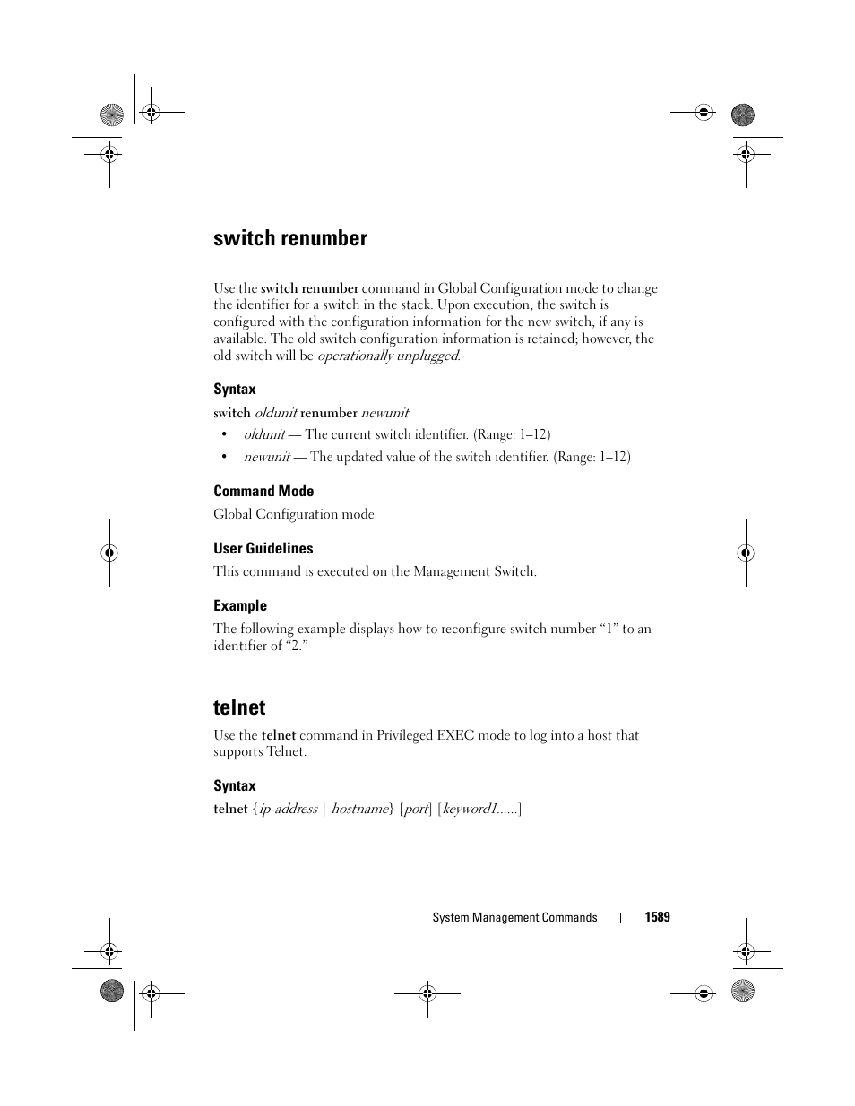 Syntax, Command mode, User guidelines | Example, Telnet, Switch renumber | Dell POWEREDGE M1000E User Manual | Page 1593 / 1682